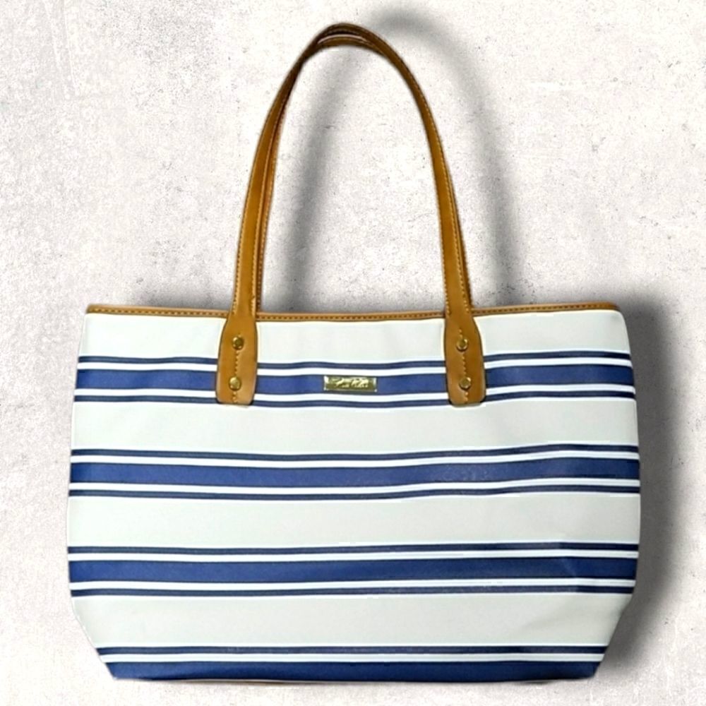 MARC FISHER WHITE WITH BLUE STRIPES LARGE TOTE BAG - NWOT!